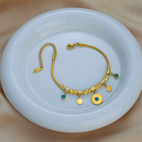 Retro Simple Light Luxury Round Turquoise Pendant Titanium Steel Geometric Irregular Beaded Bracelet With Electroplating