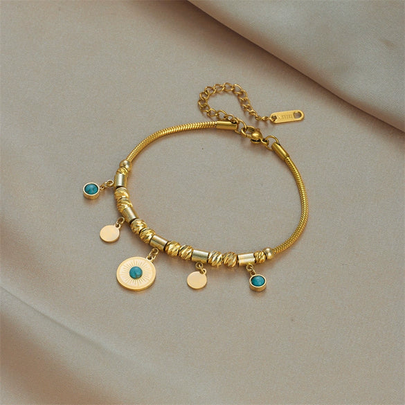 Retro Simple Light Luxury Round Turquoise Pendant Titanium Steel Geometric Irregular Beaded Bracelet With Electroplating
