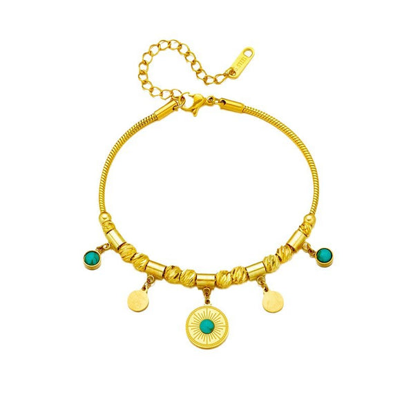 Retro Simple Light Luxury Round Turquoise Pendant Titanium Steel Geometric Irregular Beaded Bracelet With Electroplating