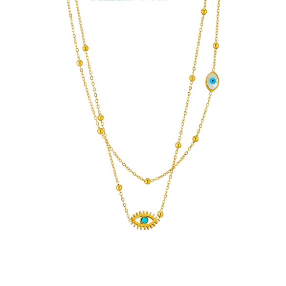 Retro Simple Personality Devil Eye Bead Pendant Titanium Steel Double Layer Necklace With Geometric Pattern And Electroplating