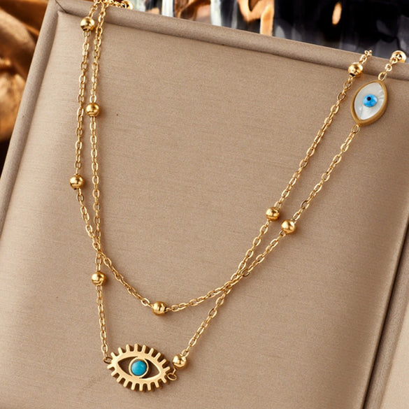Retro Simple Personality Devil Eye Bead Pendant Titanium Steel Double Layer Necklace With Geometric Pattern And Electroplating