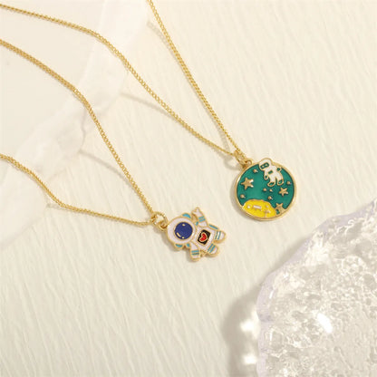 Retro Simple Style Astronaut Star Moon Copper Enamel Plating 18k Gold Plated Pendant Necklace