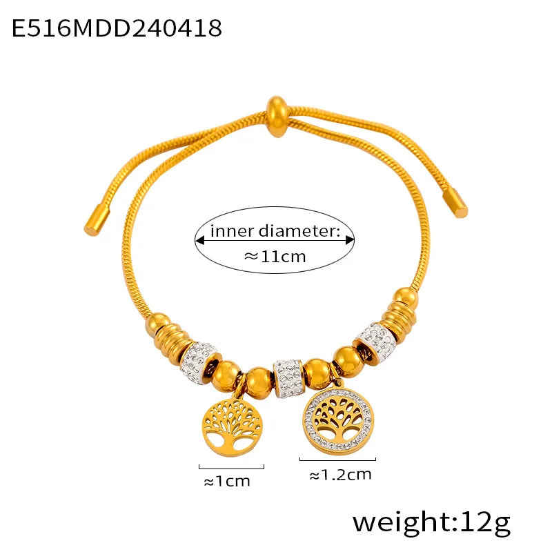 Retro Simple Style British Style Round Heart Shape Life Tree 304 Stainless Steel 18K Gold Plated Rhinestones Bracelets In Bulk