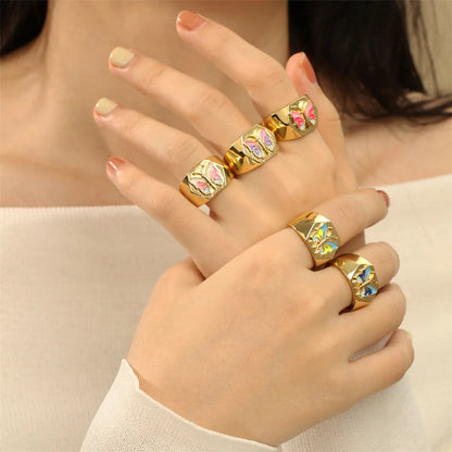 Retro Simple Style Butterfly Copper Enamel Plating 18k Gold Plated Open Rings