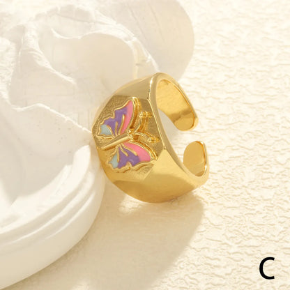 Retro Simple Style Butterfly Copper Enamel Plating 18k Gold Plated Open Rings