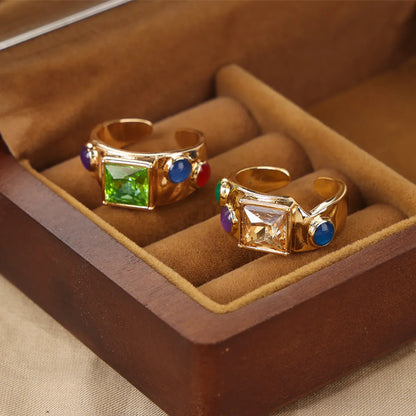 Retro Simple Style Color Block Copper Plating Inlay Zircon 18k Gold Plated Open Rings