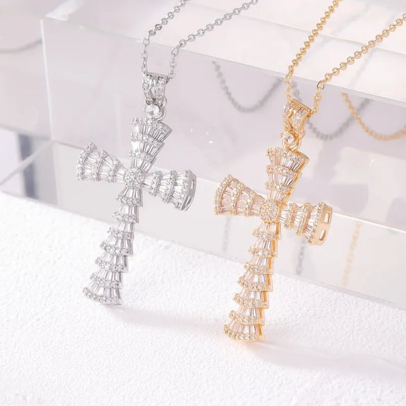 Wholesale Retro Simple Style Cross 304 Stainless Steel Copper Plating Inlay K Gold Plated Rhodium Plated Zircon Necklace Pendant