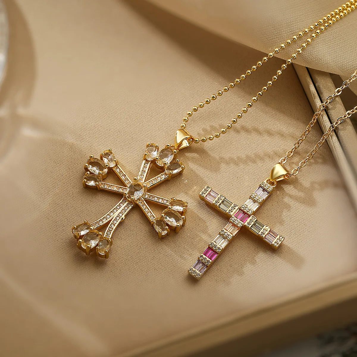 Retro Simple Style Cross Copper Plating Inlay Zircon 18k Gold Plated Pendant Necklace