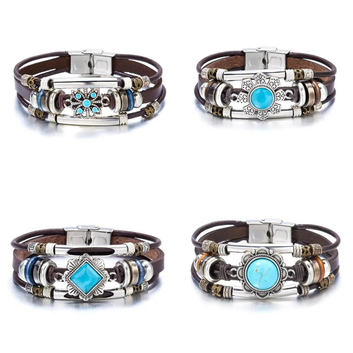 Retro Simple Style Flower Pu Leather Alloy Artificial Crystal Unisex Bracelets