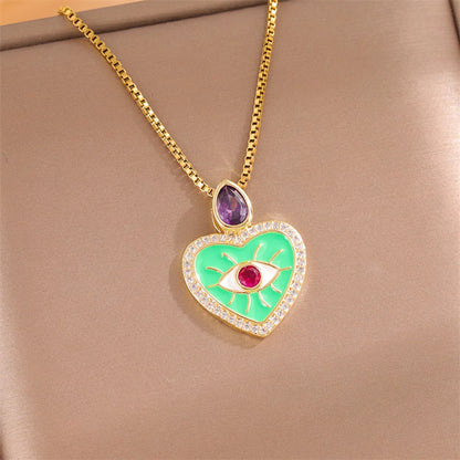 Retro Simple Style Heart Shape Stainless Steel Titanium Steel Enamel Plating Inlay Zircon 18k Gold Plated Pendant Necklace