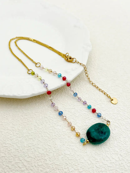 Retro Simple Style Oval Stainless Steel Artificial Crystal Natural Stone Beaded Plating Gold Plated Necklace