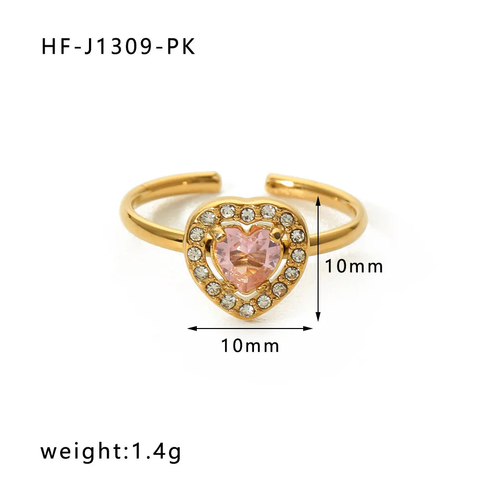 Stainless Steel 18K Gold Plated Retro Simple Style Plating Inlay Oval Water Droplets Heart Shape Rhinestones Zircon Open Ring