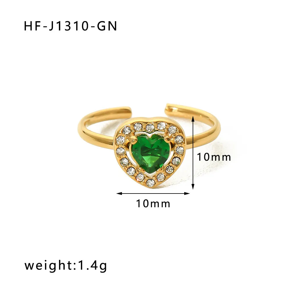 Stainless Steel 18K Gold Plated Retro Simple Style Plating Inlay Oval Water Droplets Heart Shape Rhinestones Zircon Open Ring