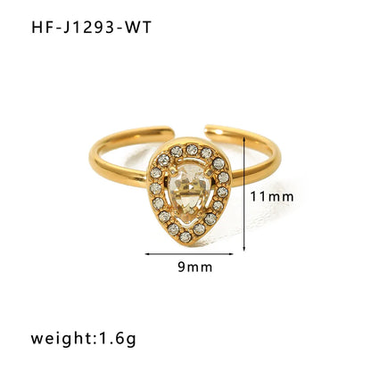 Stainless Steel 18K Gold Plated Retro Simple Style Plating Inlay Oval Water Droplets Heart Shape Rhinestones Zircon Open Ring