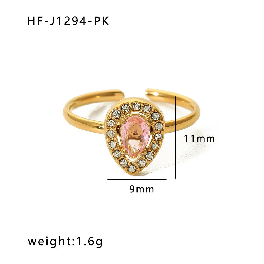 Stainless Steel 18K Gold Plated Retro Simple Style Plating Inlay Oval Water Droplets Heart Shape Rhinestones Zircon Open Ring