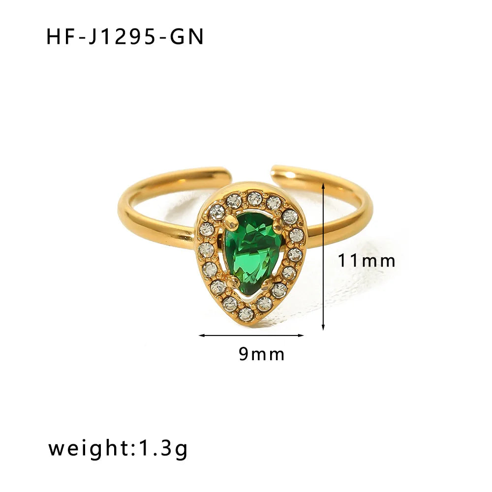 Stainless Steel 18K Gold Plated Retro Simple Style Plating Inlay Oval Water Droplets Heart Shape Rhinestones Zircon Open Ring