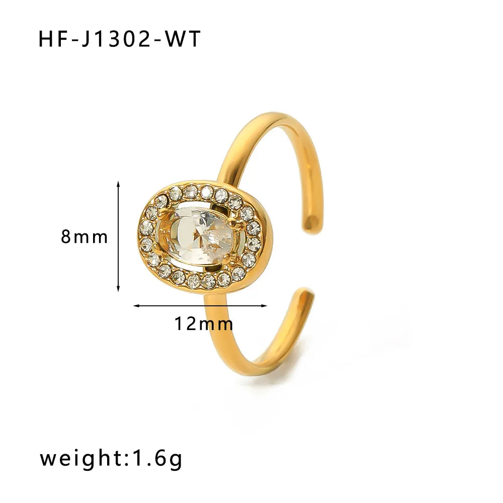 Stainless Steel 18K Gold Plated Retro Simple Style Plating Inlay Oval Water Droplets Heart Shape Rhinestones Zircon Open Ring