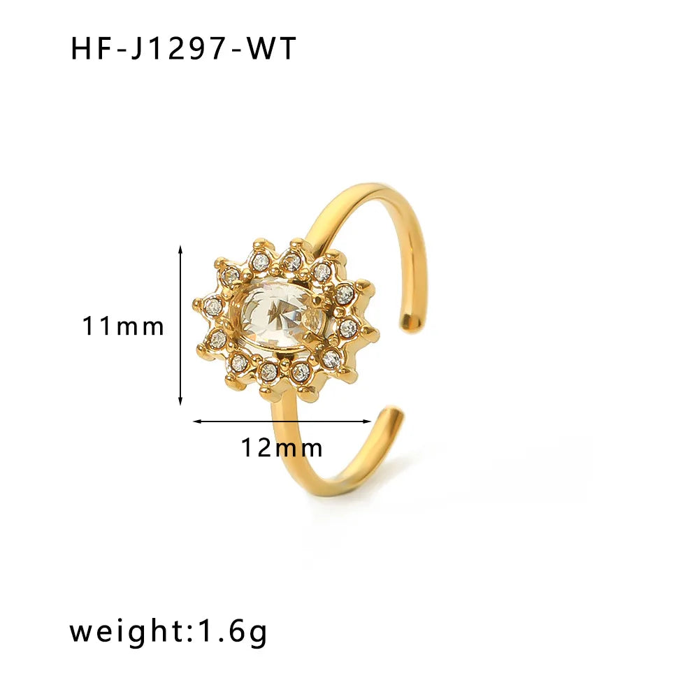 Stainless Steel 18K Gold Plated Retro Simple Style Plating Inlay Oval Water Droplets Heart Shape Rhinestones Zircon Open Ring