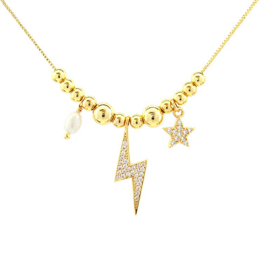 Retro Simple Style Pentagram Lightning Freshwater Pearl Copper Beaded Plating Inlay Zircon 18k Gold Plated Pendant Necklace