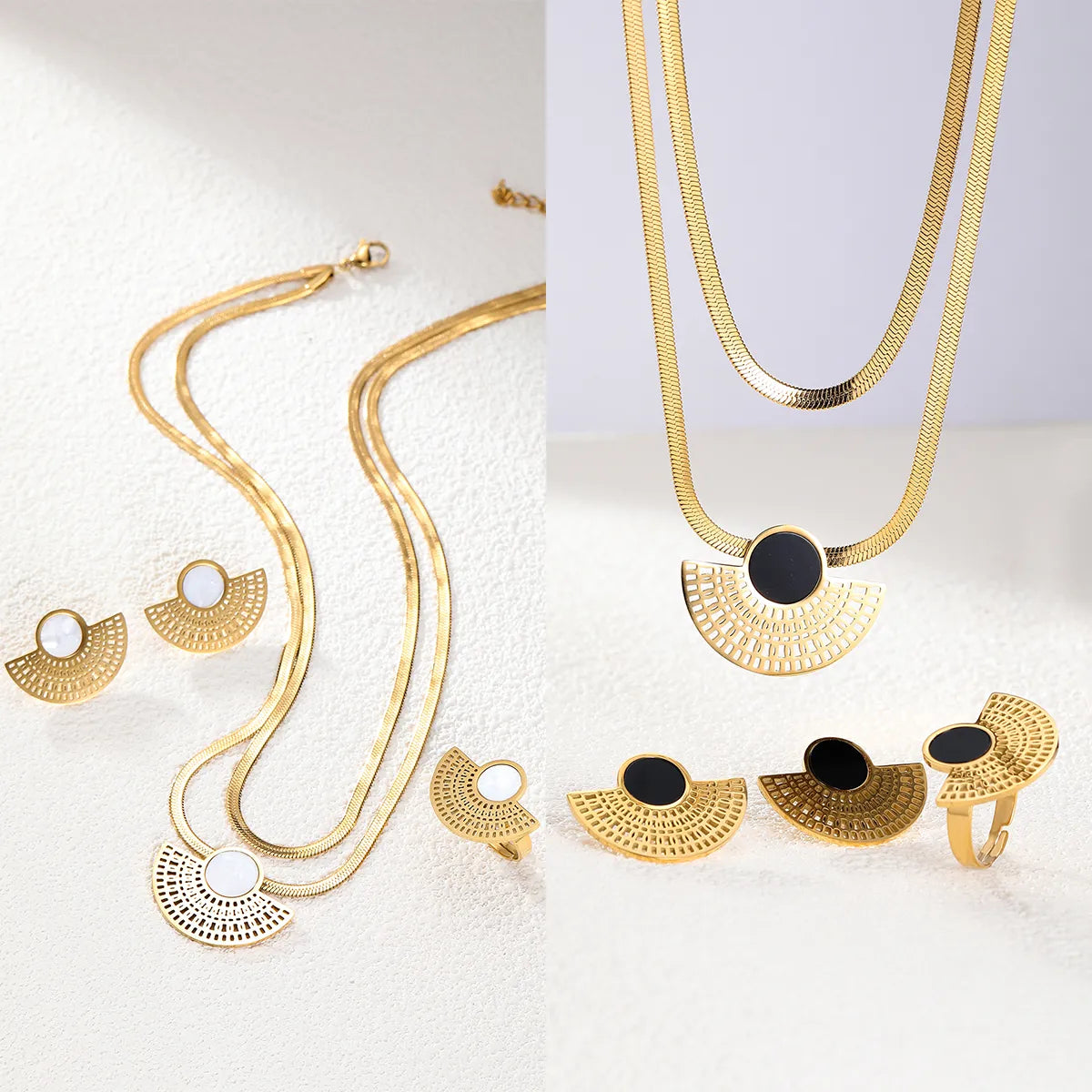 Retro Simple Style Sector Stainless Steel Plating Hollow Out Inlay Plastic 18k Gold Plated Jewelry Set