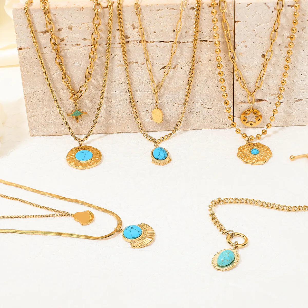 Retro Simple Style Sector Star Oval Stainless Steel Toggle Plating Inlay Turquoise Gold Plated Necklace