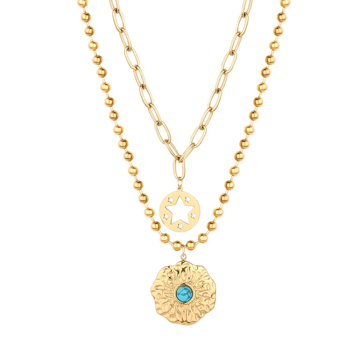 Retro Simple Style Sector Star Oval Stainless Steel Toggle Plating Inlay Turquoise Gold Plated Necklace