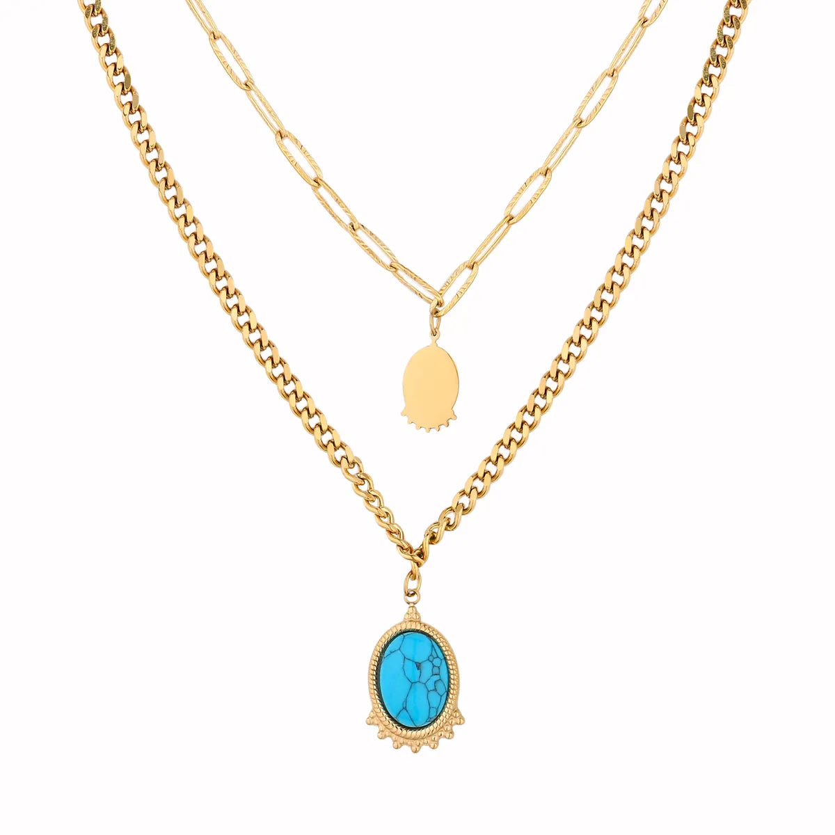 Retro Simple Style Sector Star Oval Stainless Steel Toggle Plating Inlay Turquoise Gold Plated Necklace