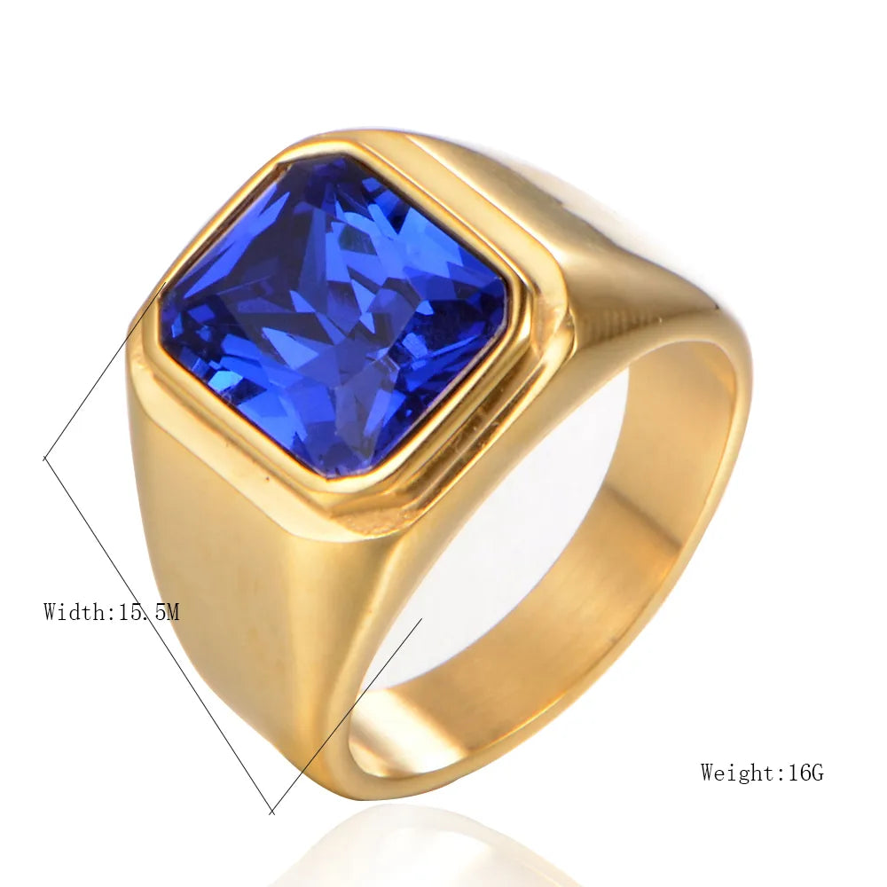 Retro Simple Style Solid Color 304 Stainless Steel Inlay Glass Stone Rhodium Plated Men'S Rings