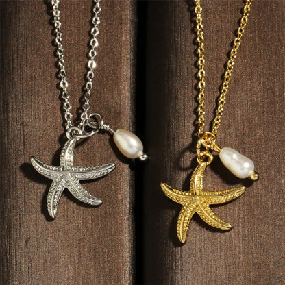 Retro Simple Style Starfish Freshwater Pearl Copper Plating 18k Gold Plated Pendant Necklace