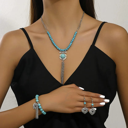 Retro Simple Style Tassel Heart Shape Alloy Beaded Plating Inlay Turquoise Women'S Jewelry Set