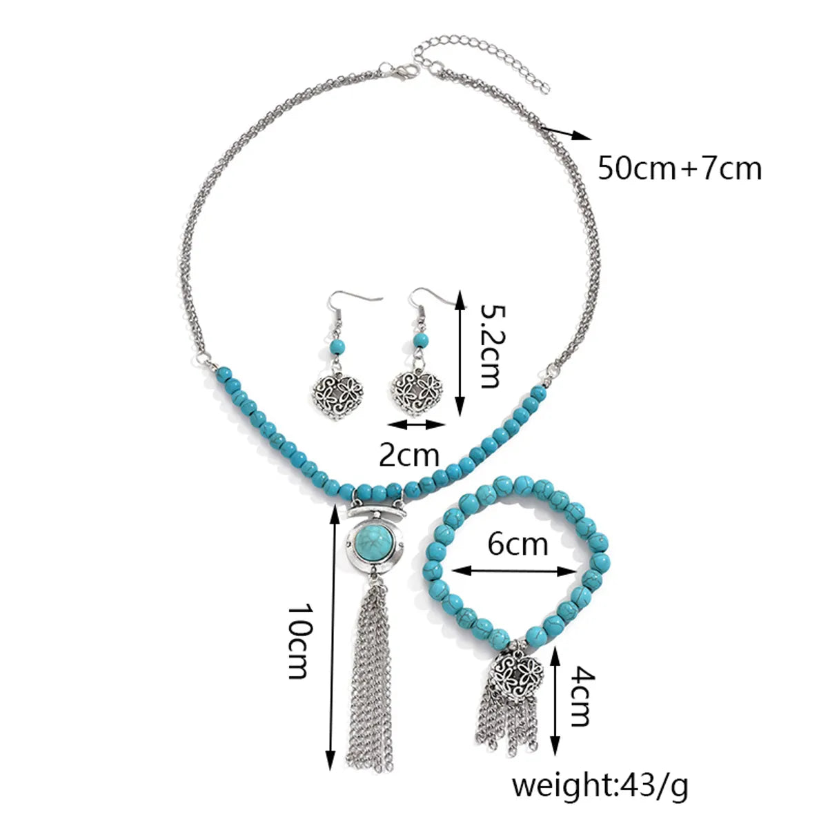 Retro Simple Style Tassel Heart Shape Alloy Beaded Plating Inlay Turquoise Women'S Jewelry Set