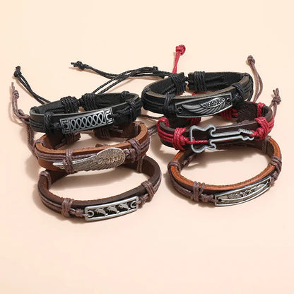 Retro Simple Wings Leaf Feather Woven Cowhide Bracelet Set