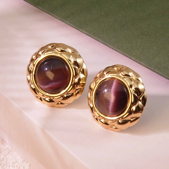 Retro Small Round Cake Quilted Pattern Colorful Goldrimmed Button Stainless Steel Earrings
