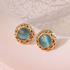 Retro Small Round Cake Quilted Pattern Colorful Goldrimmed Button Stainless Steel Earrings
