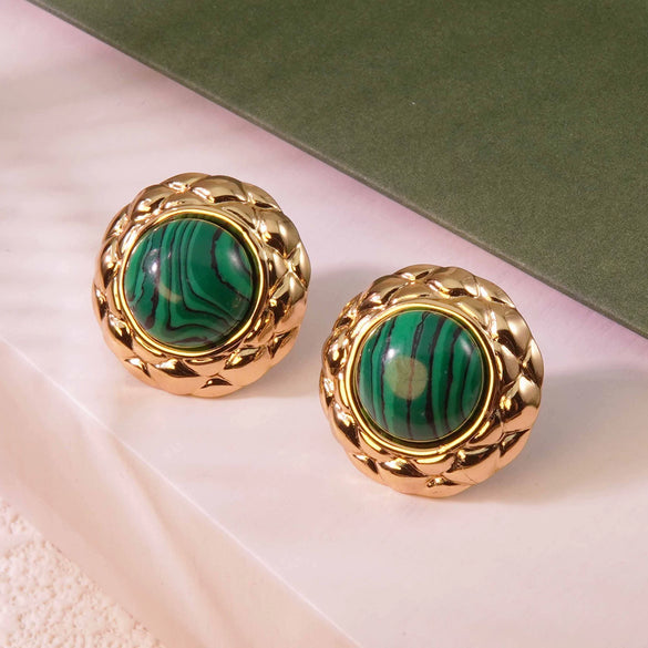 Retro Small Round Cake Quilted Pattern Colorful Goldrimmed Button Stainless Steel Earrings