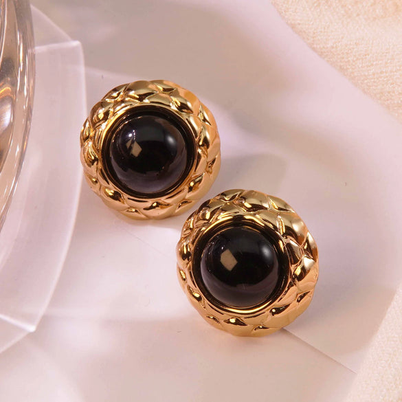 Retro Small Round Cake Quilted Pattern Colorful Goldrimmed Button Stainless Steel Earrings