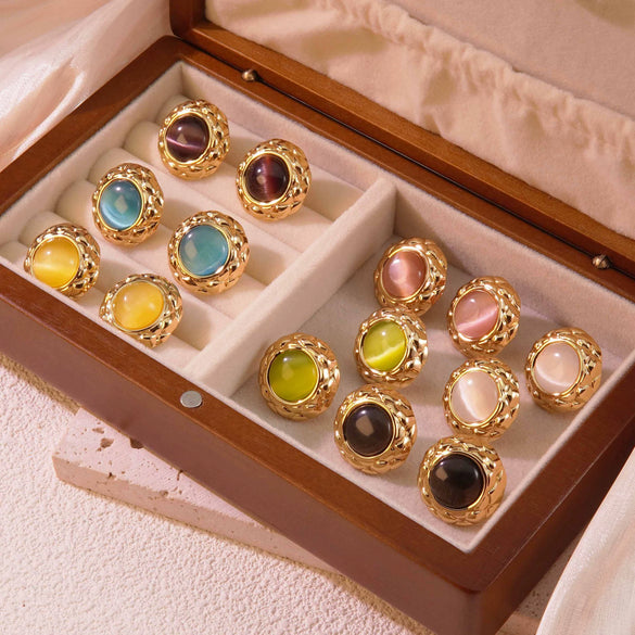 Retro Small Round Cake Quilted Pattern Colorful Goldrimmed Button Stainless Steel Earrings