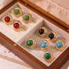 Retro Small Round Cake Quilted Pattern Colorful Goldrimmed Button Stainless Steel Earrings