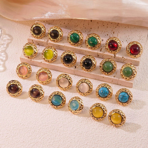 Retro Small Round Cake Quilted Pattern Colorful Goldrimmed Button Stainless Steel Earrings