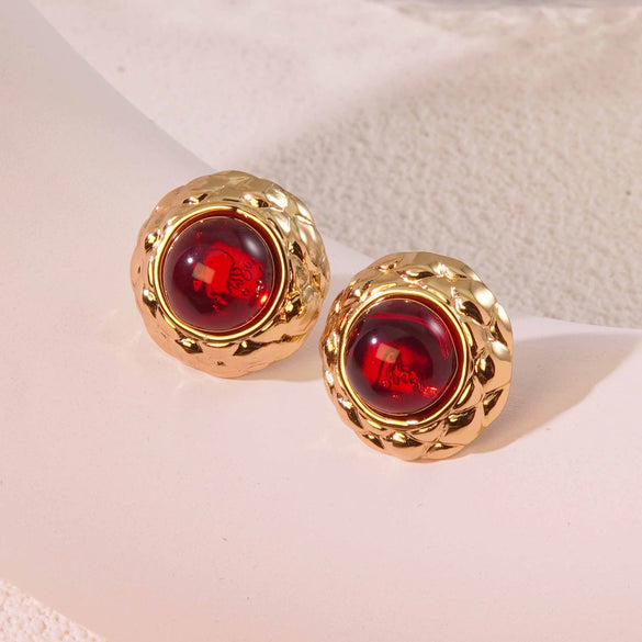Retro Small Round Cake Quilted Pattern Colorful Goldrimmed Button Stainless Steel Earrings