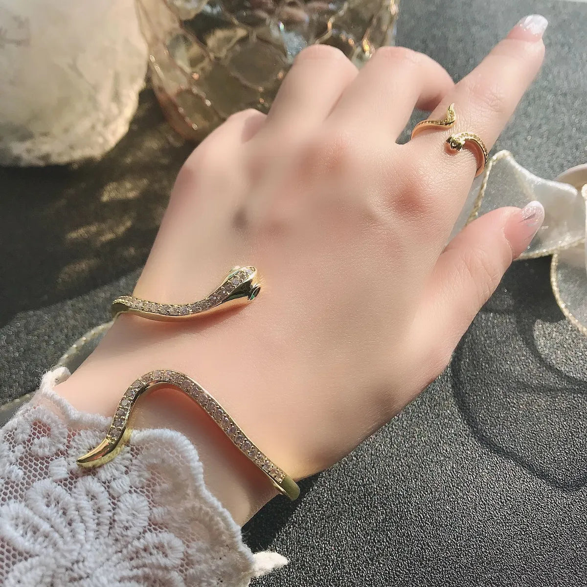 Retro Snake Copper Gold Plated Inlay Zircon Women'S Rings Bracelets