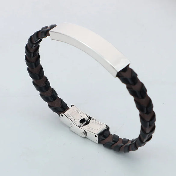 Retro Solid Color 304 Stainless Steel Pu Leather Polishing Men'S Bangle Men Cord & Leather Bracelets