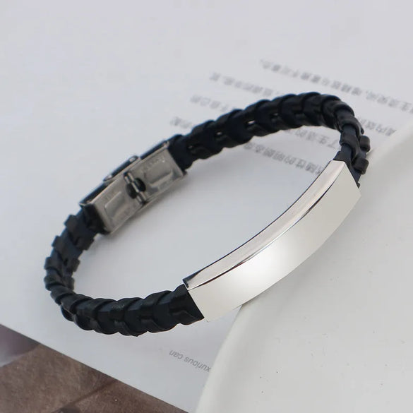 Retro Solid Color 304 Stainless Steel Pu Leather Polishing Men'S Bangle Men Cord & Leather Bracelets