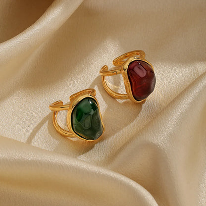 Retro Solid Color Copper Plating Metal Inlay Resin 18k Gold Plated Open Rings