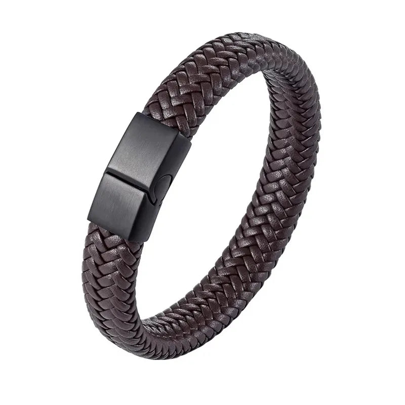 Retro Solid Color Leather Titanium Steel Plating Men'S Wristband