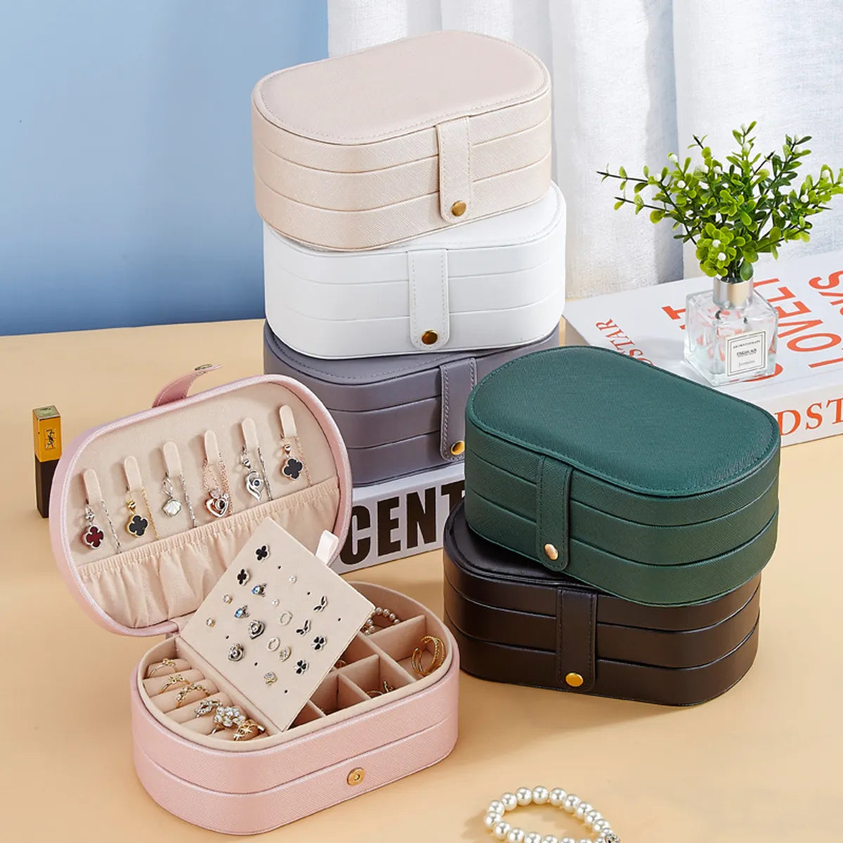 Retro Solid Color Pu Leather Jewelry Boxes