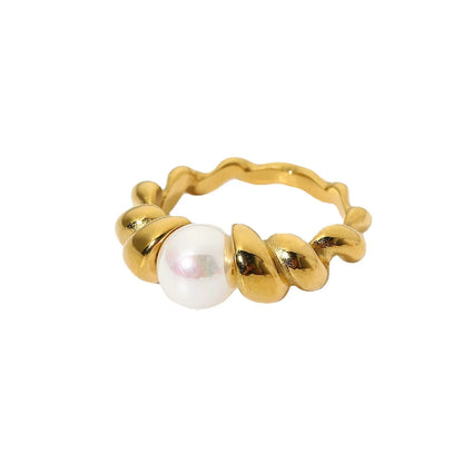 Retro Spiral Stripe Stainless Steel Rings Pearl Stainless Steel Rings