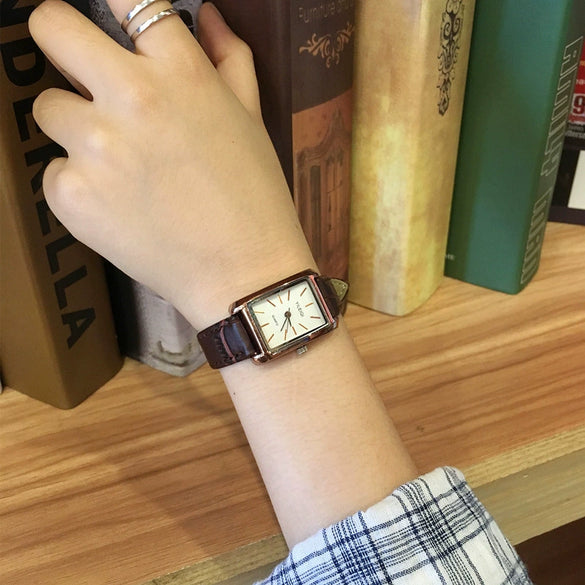 Retro Square Belt Watch Alloy Case Stainless Steel Clasp Genuine Leather Strap For Female