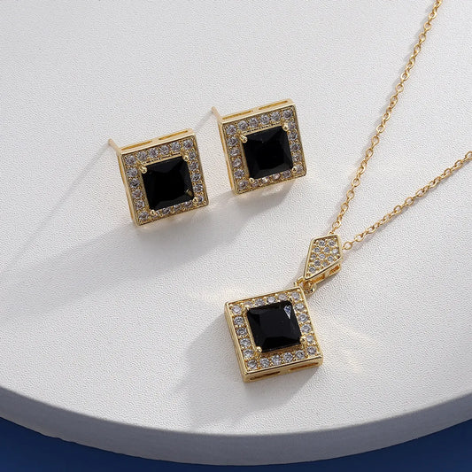 Retro Square Copper Plating Inlay Zircon Earrings Necklace