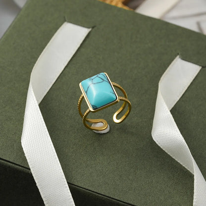 Retro Square Stainless Steel Open Ring Metal Turquoise Stainless Steel Rings